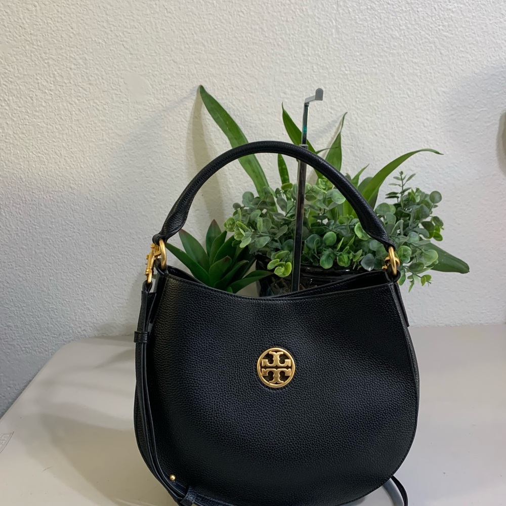 Tory Burch Black Pebbled Leather Hobo with Gold Logo - Picture 7 of 14